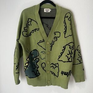 Aelfric Eden Dinosaur Knit Crew Sweater Unisex Size Small Green Cartoon Pattern